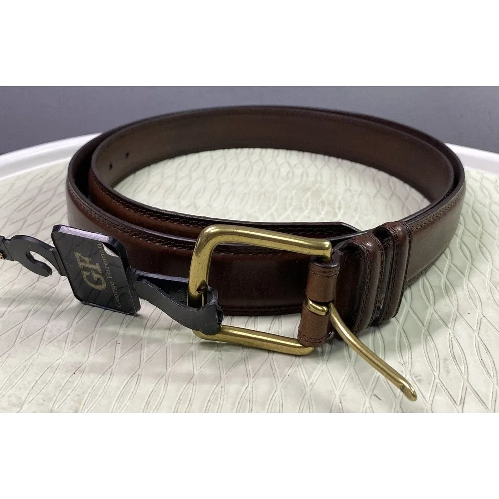 George Foreman Oil Tanned‎ Cowhide Leather Brown Belt Gold Buckle Sz.50-52 NWT